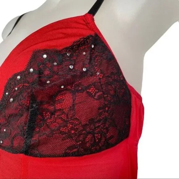 PASSION FOREVER RED/BLACK LACE WITH RHINESTONES CHEMISE NIGHTIE SIZE LARGE-EUC - Picture 6 of 9